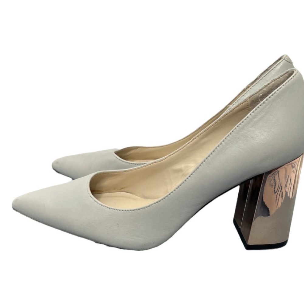 STEVE MADDEN Gray Leather Pointed Toe Metallic Block Heel Pumps
